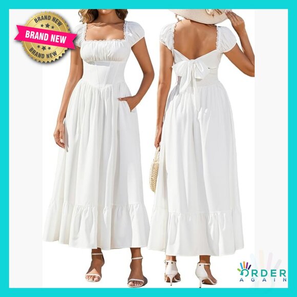 Square Neck Lace Corset Maxi Dress Flowy A-Line with Pockets Vintage Elegant